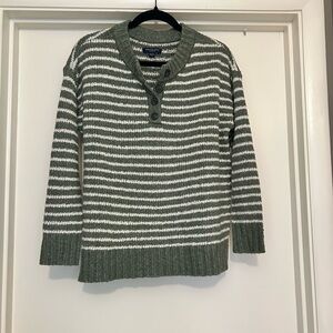 American Eagle Outfitters V-Neck Striped Sweater - Green and White